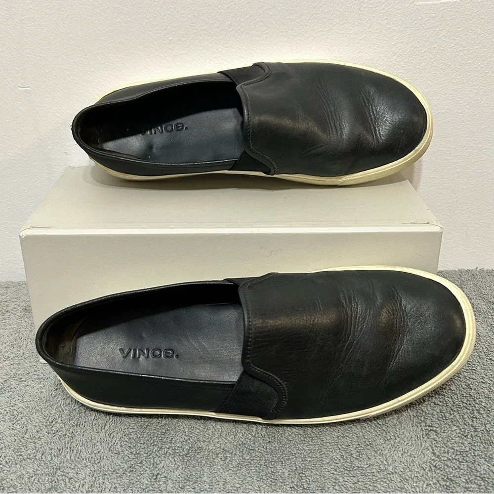 Vince Blair Smooth Black Leather Slip On Sneaker Loafers